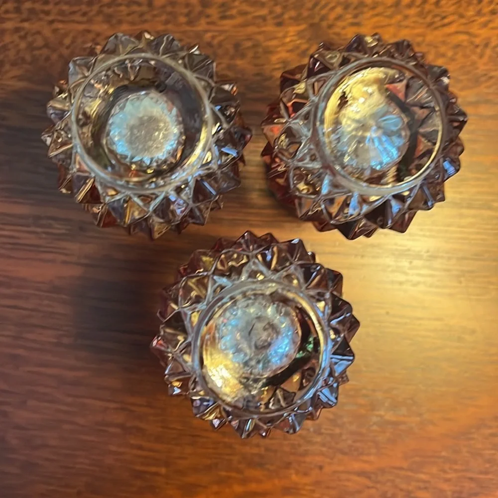 Set of 3 Vintage Ruby Red 3” Painted Crystal Glass Taper Candle Stick Holders